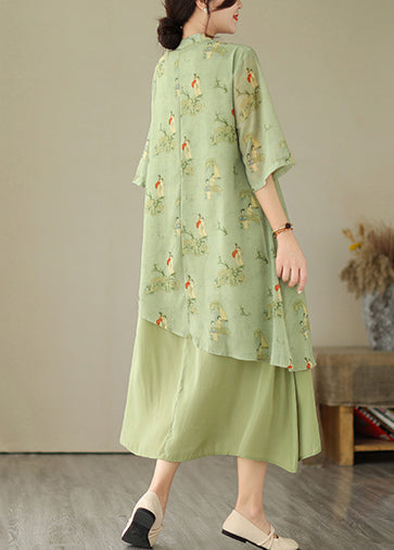 Grass Two Green Dresses Tasseled Asymmetrical Print Fake Piece