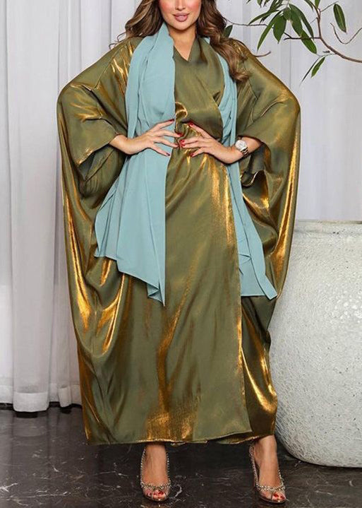 Green Bright Silk Maxi Dresses V Neck Long Sleeve AA1021