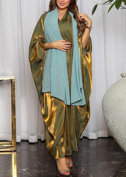 Green Bright Silk Maxi Dresses V Neck Long Sleeve AA1021