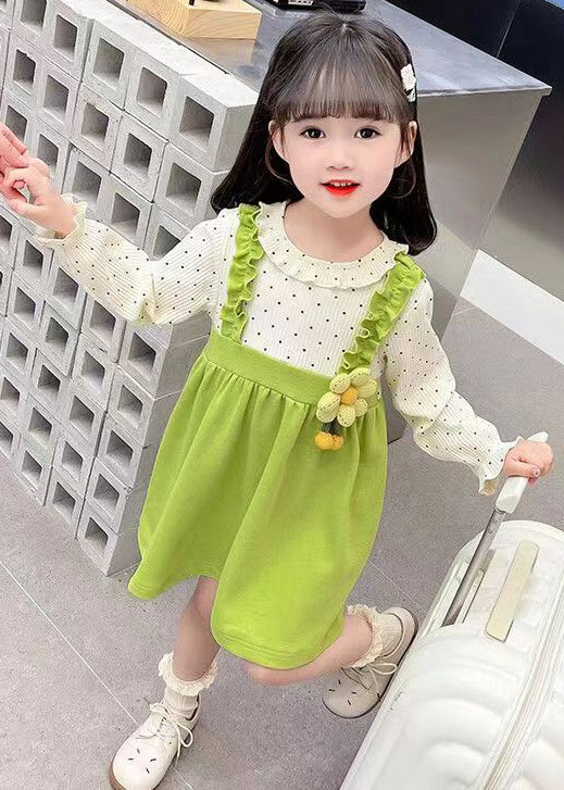 Green Button Patchwork Cotton Girls Dresses O-Neck Flare Sleeve XZ063