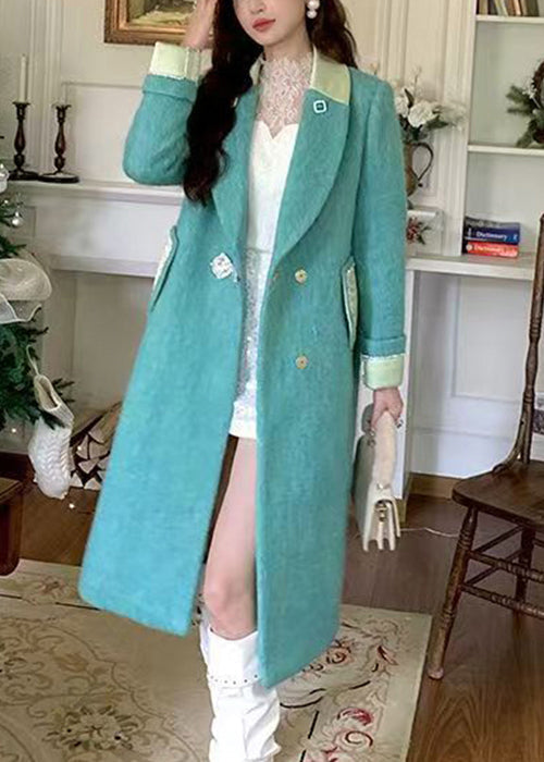 Green Button Pockets Woolen Coat Notched Winter WM005