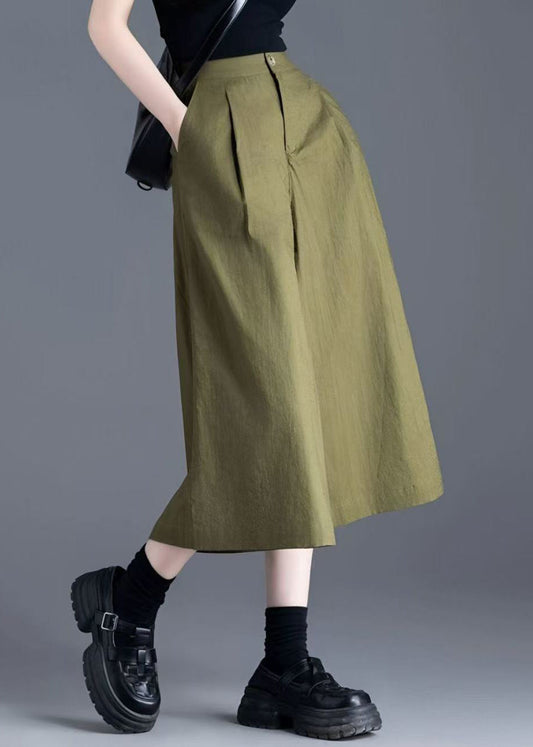 Wide Leg Pants Linen Waist Solid Green High Button