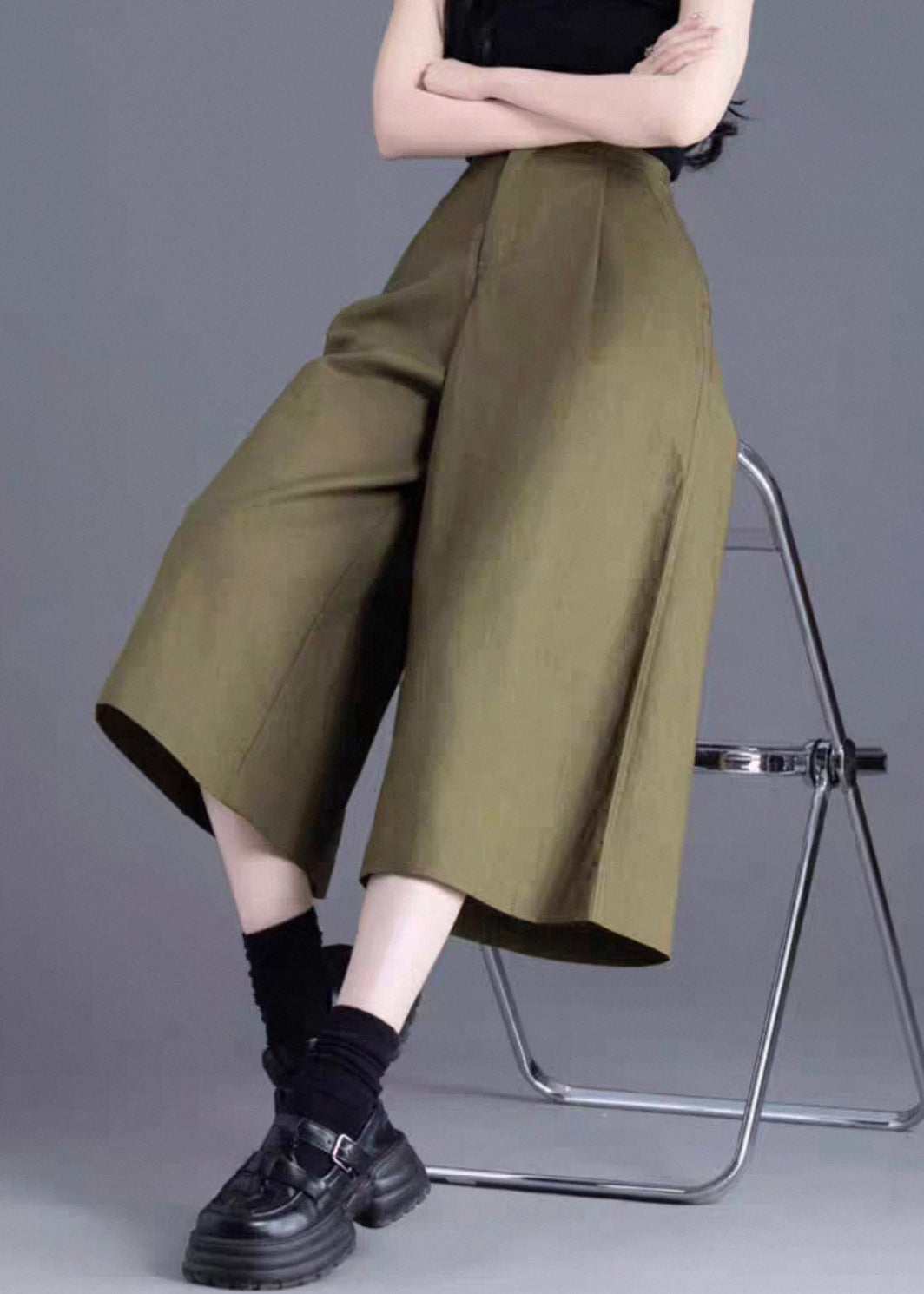 Wide Leg Pants Linen Waist Solid Green High Button