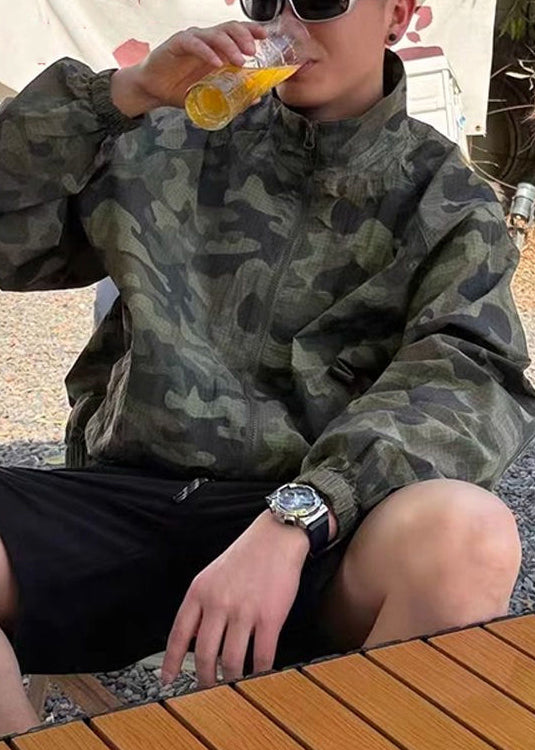 Mens Stand Summer Zip Coats Ice Up Silk Green Camouflage Collar