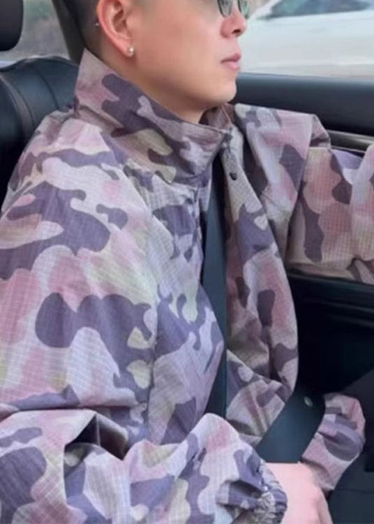 Mens Stand Summer Zip Coats Ice Up Silk Green Camouflage Collar