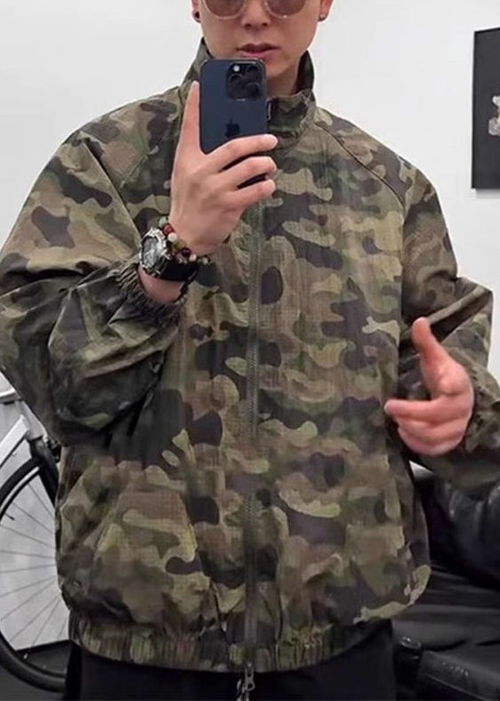 Mens Stand Summer Zip Coats Ice Up Silk Green Camouflage Collar