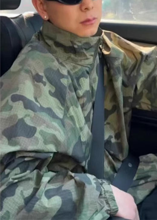 Mens Stand Summer Zip Coats Ice Up Silk Green Camouflage Collar