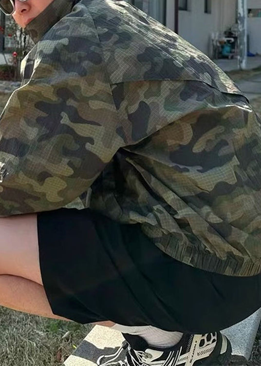 Mens Stand Summer Zip Coats Ice Up Silk Green Camouflage Collar