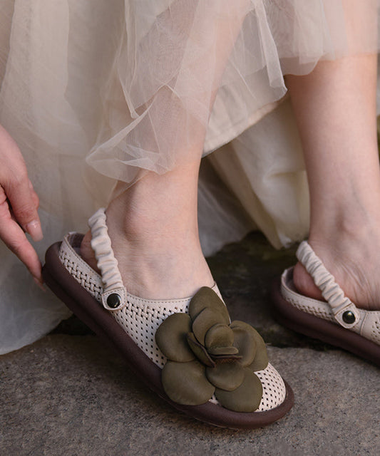 Flat Comfy Green Sandals Hollow Cowhide Floral Leather Out