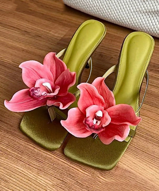 Sandals Handmade Floral Green Heels High Splicing Slide