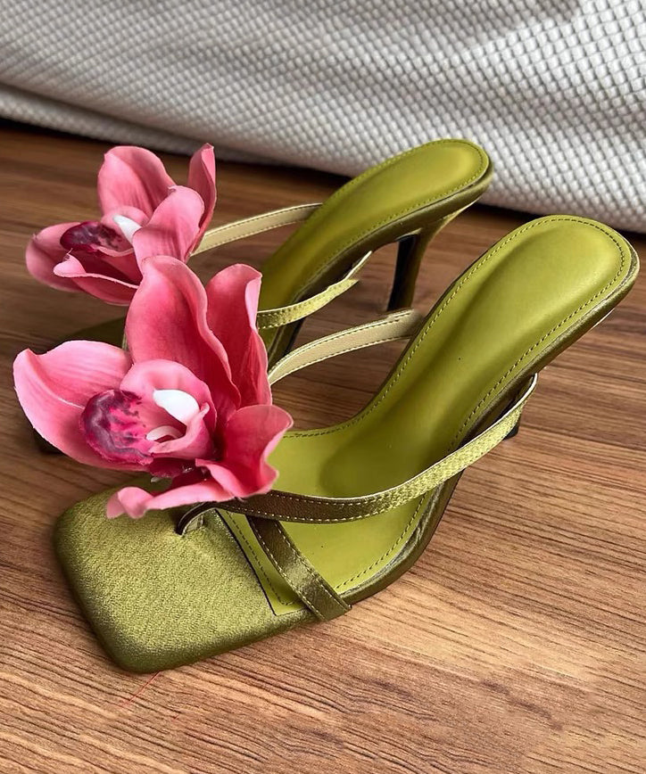 Splicing Slide Handmade Floral Heels Green Sandals High