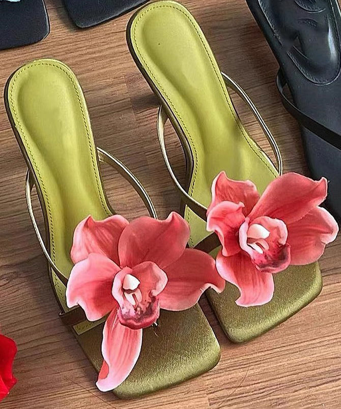 Sandals Handmade Floral Green Heels High Splicing Slide