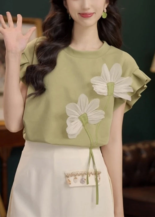 Green Neck Shirt Solid T Patchwork Floral O Cotton Summer
