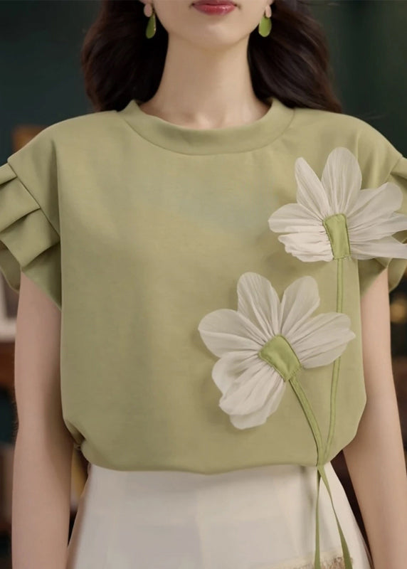 Green Neck Shirt Solid T Patchwork Floral O Cotton Summer