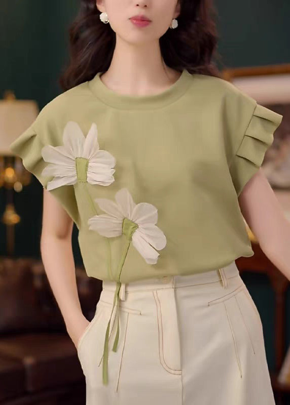 Green Neck Shirt Solid T Patchwork Floral O Cotton Summer