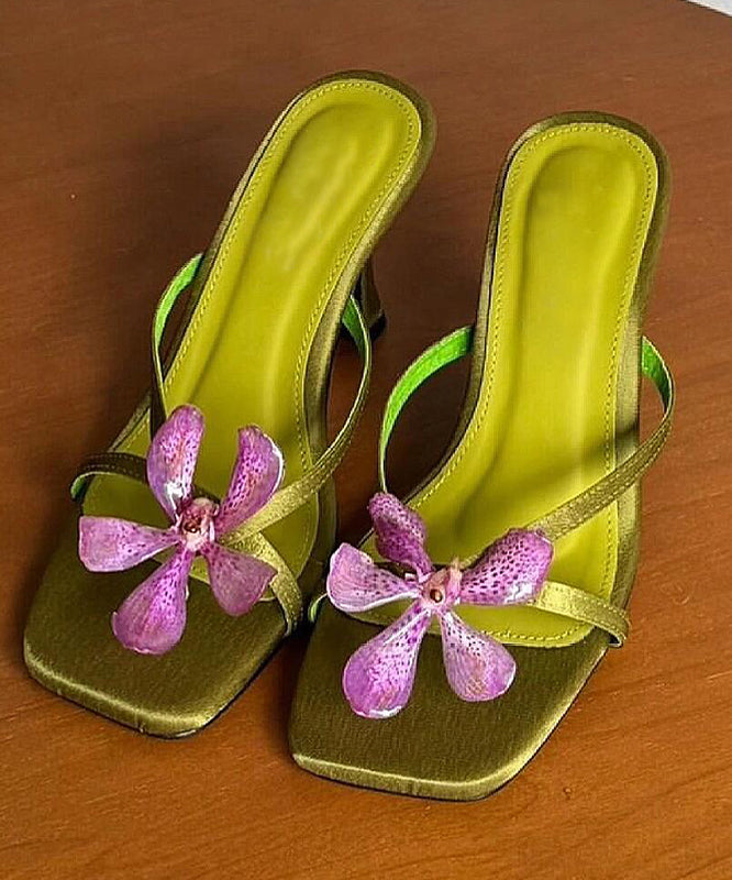High Splicing Heels Floral Green Slide Toe Sandals Peep