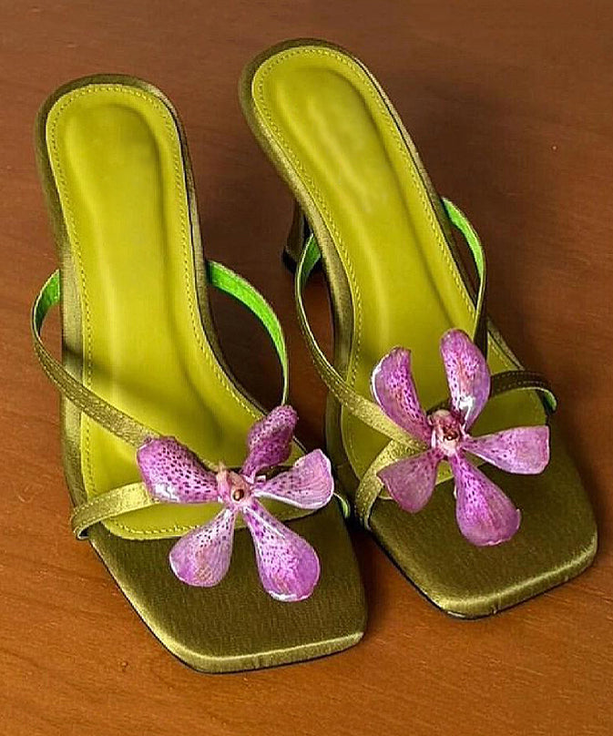 Slide Heels Floral Green High Toe Sandals Splicing Peep