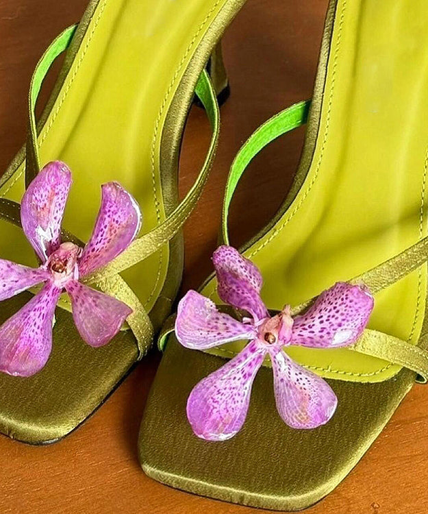 High Splicing Heels Floral Green Slide Toe Sandals Peep