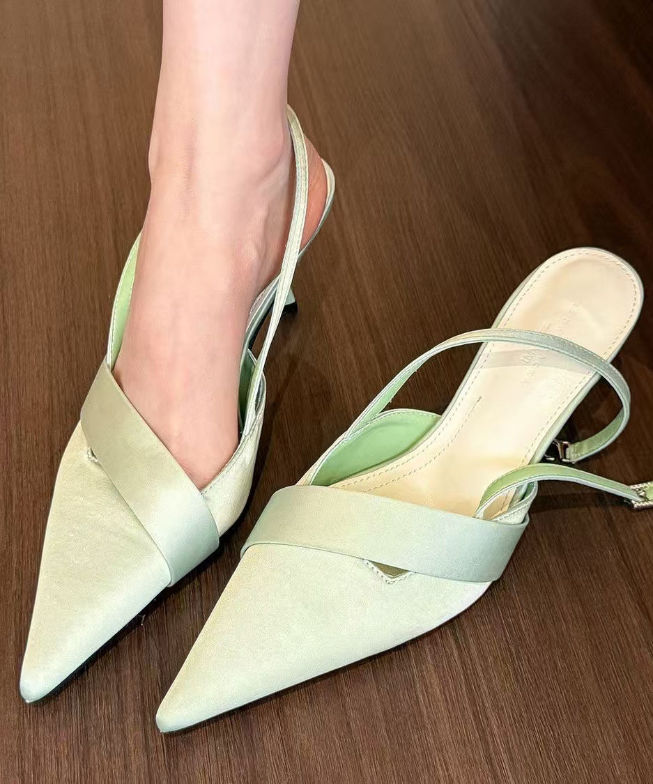 Satin Toe Splicing Classy Heel Sandals High Pointed Green