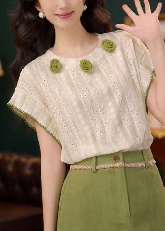 Cotton Neck Summer O Out Shirts Hollow T Green Striped