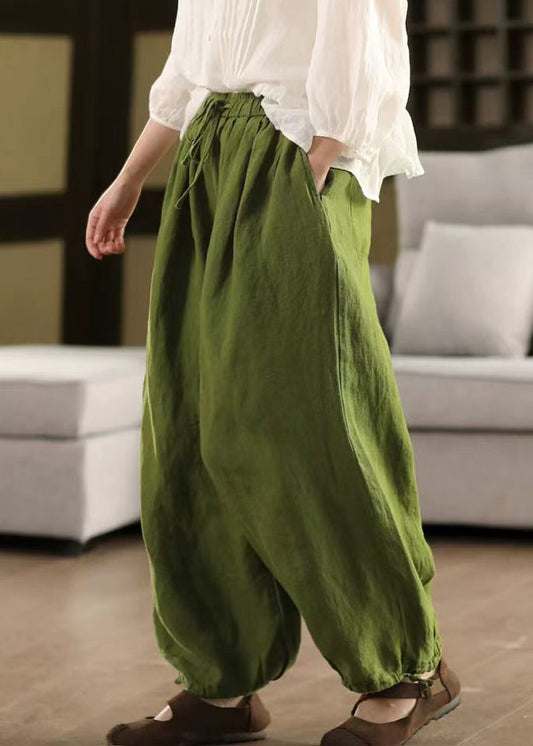 Waist Crop Pants Linen Elastic Green Solid Summer LaceUp