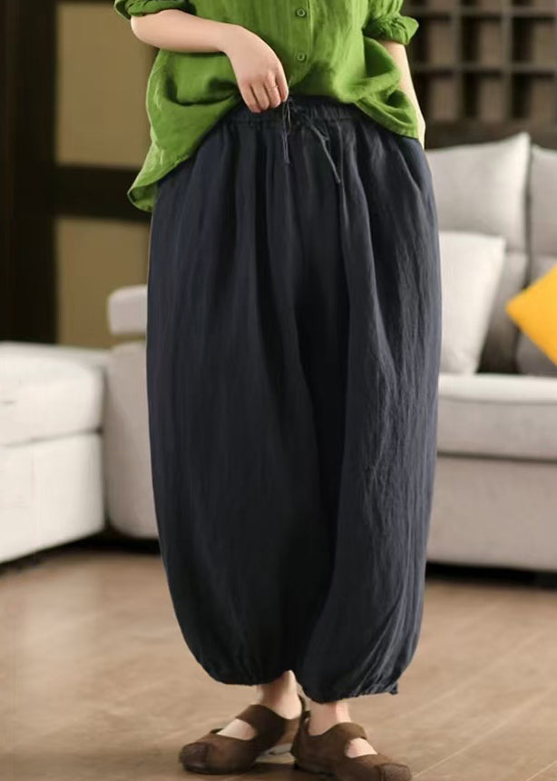 Waist Crop Pants Linen Elastic Green Solid Summer LaceUp