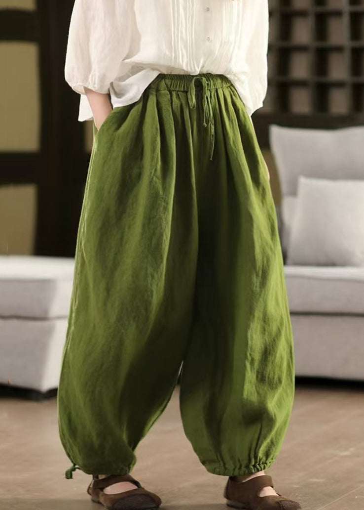 Waist Crop Pants Linen Elastic Green Solid Summer LaceUp