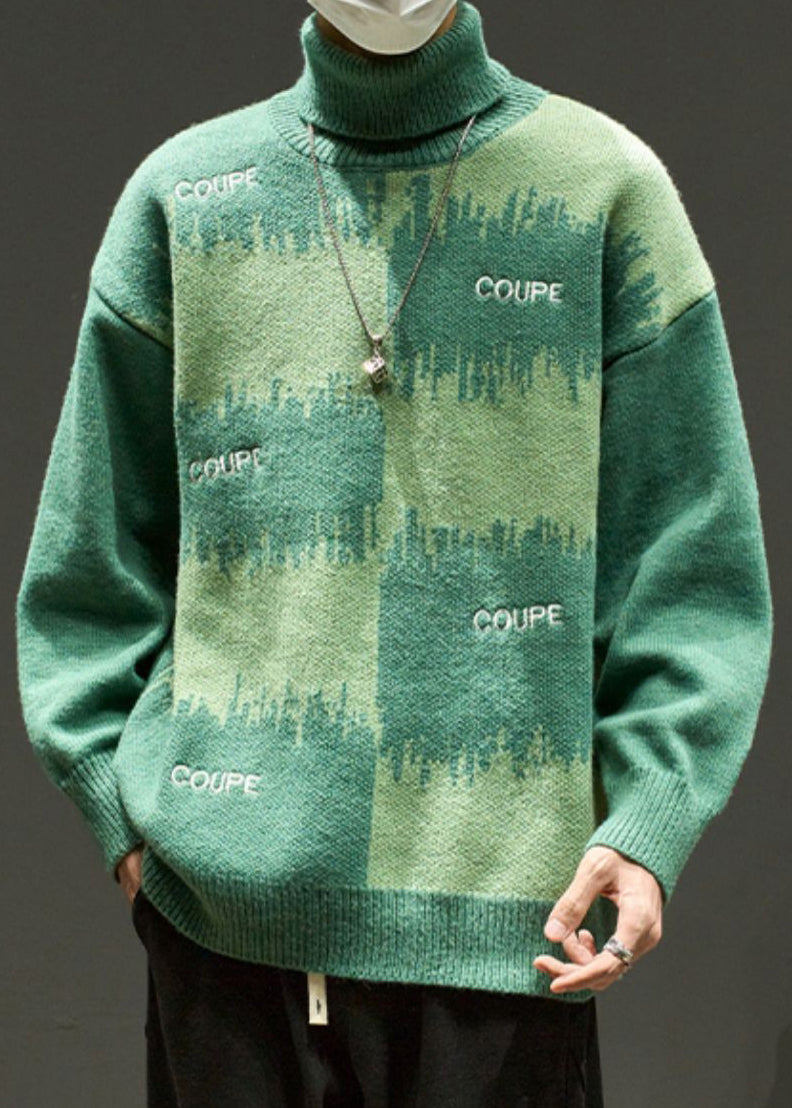 Green Letter Loose Knit Men Sweater Turtleneck Winter RJ042