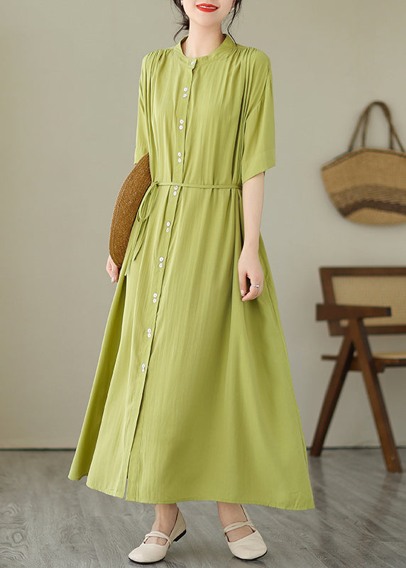 Robe longue boutonnée à col rond verte pour l'été GH1032