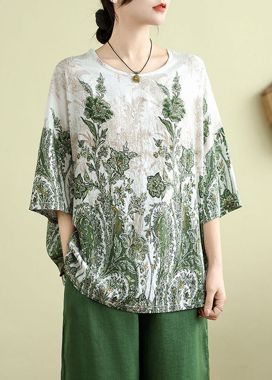 Loose Top Summer O-Neck Patchwork Green