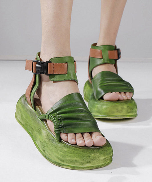 Platform Sandals Leather Vintage Splicing Green Cowhide