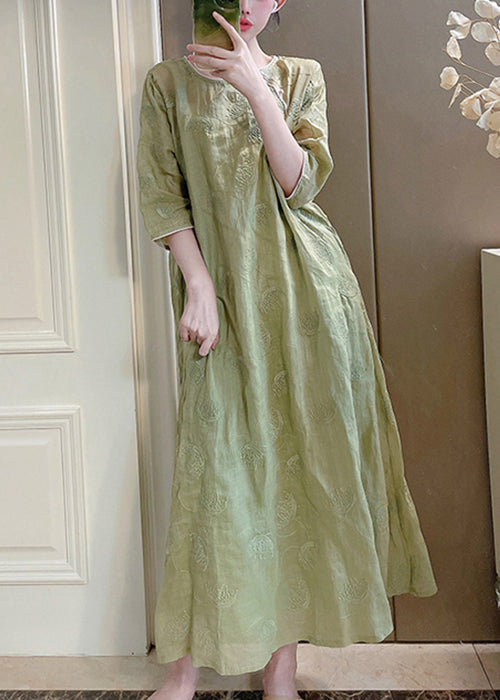 Green Set Linen Embroidered Sleeve Bracelet Pockets Two Pieces