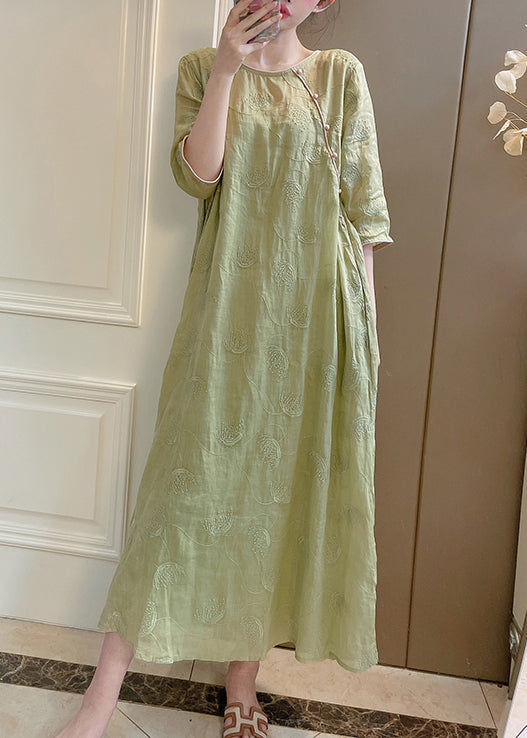 Green Set Linen Embroidered Sleeve Bracelet Pockets Two Pieces