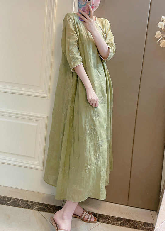 Green Set Linen Embroidered Sleeve Bracelet Pockets Two Pieces