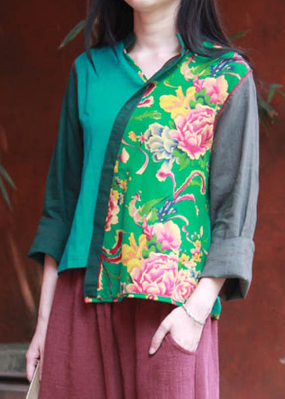 Green Print Asymmetrical Shirt Long Sleeve VB1023