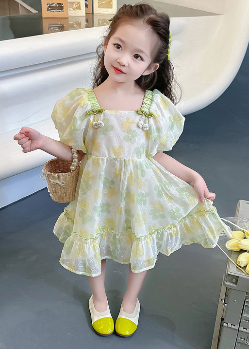 Green Print Cotton Girls Dresses Square Collar Short Sleeve TT020