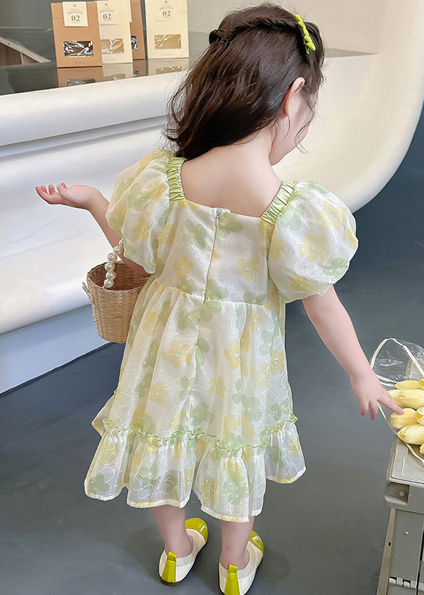 Green Print Cotton Girls Dresses Square Collar Short Sleeve TT020