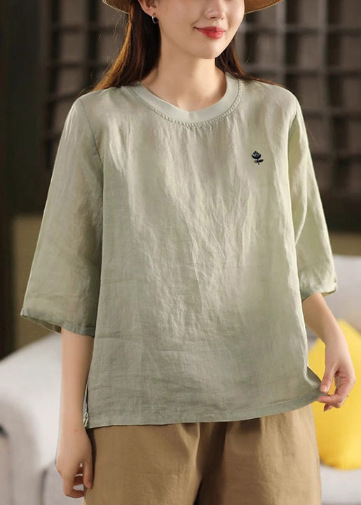 Half Neck Cozy Shirt Print O Linen Green Sleeve T
