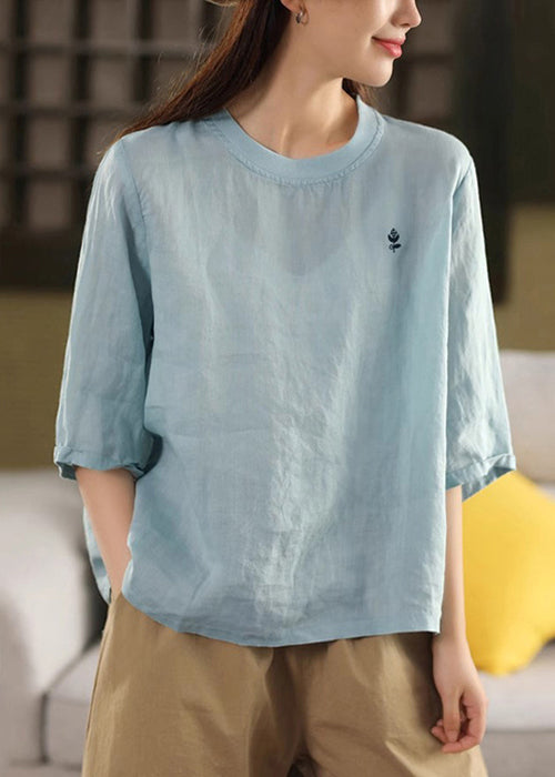 Half Neck Cozy Shirt Print O Linen Green Sleeve T