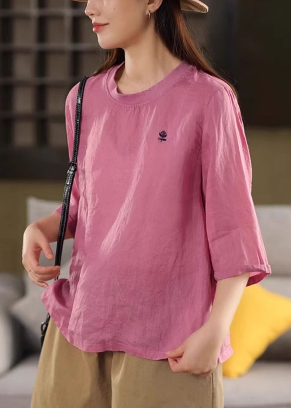 Half Neck Cozy Shirt Print O Linen Green Sleeve T