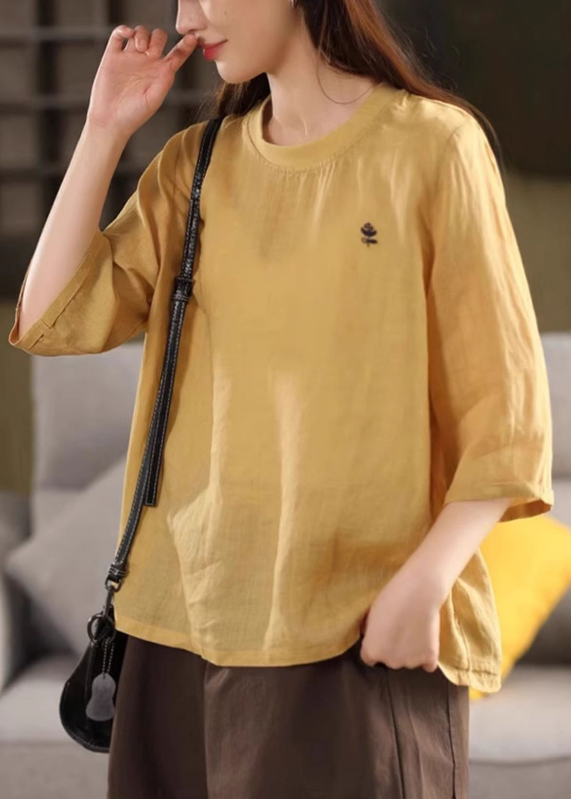 Half Neck Cozy Shirt Print O Linen Green Sleeve T