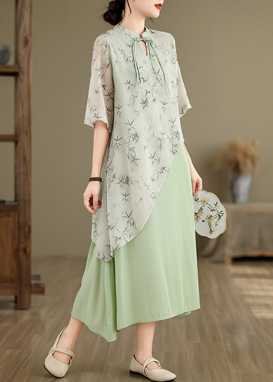 Robe en coton à imprimé vert et faux deux pièces à col montant pour l'été JH050