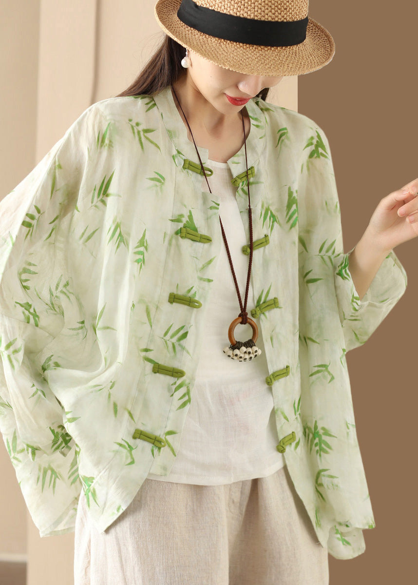 Button Chinese Oversized Blouses Summer Green Print Linen