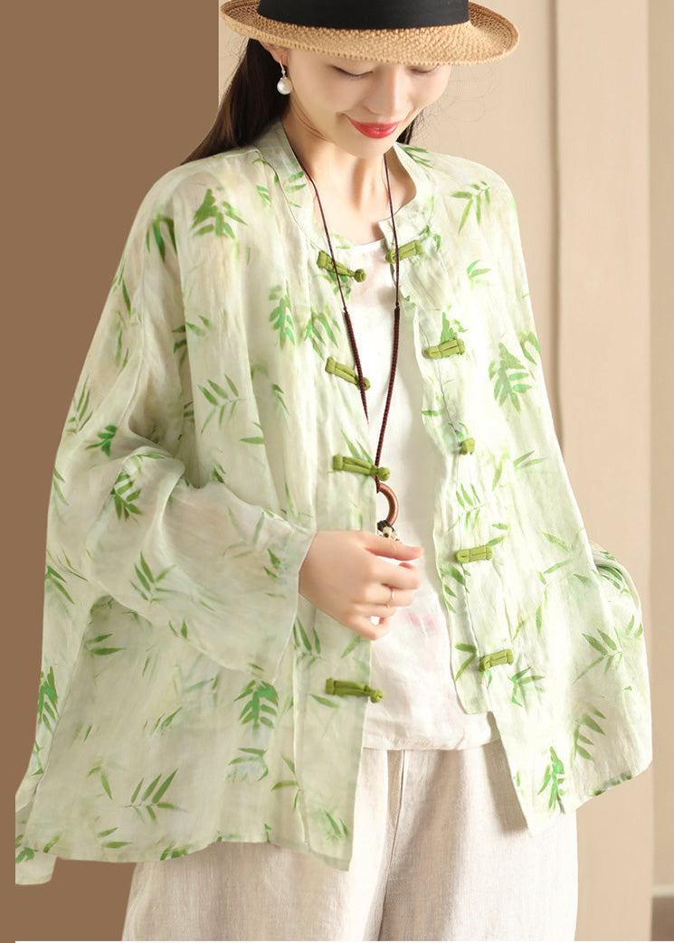 Button Chinese Oversized Blouses Summer Green Print Linen