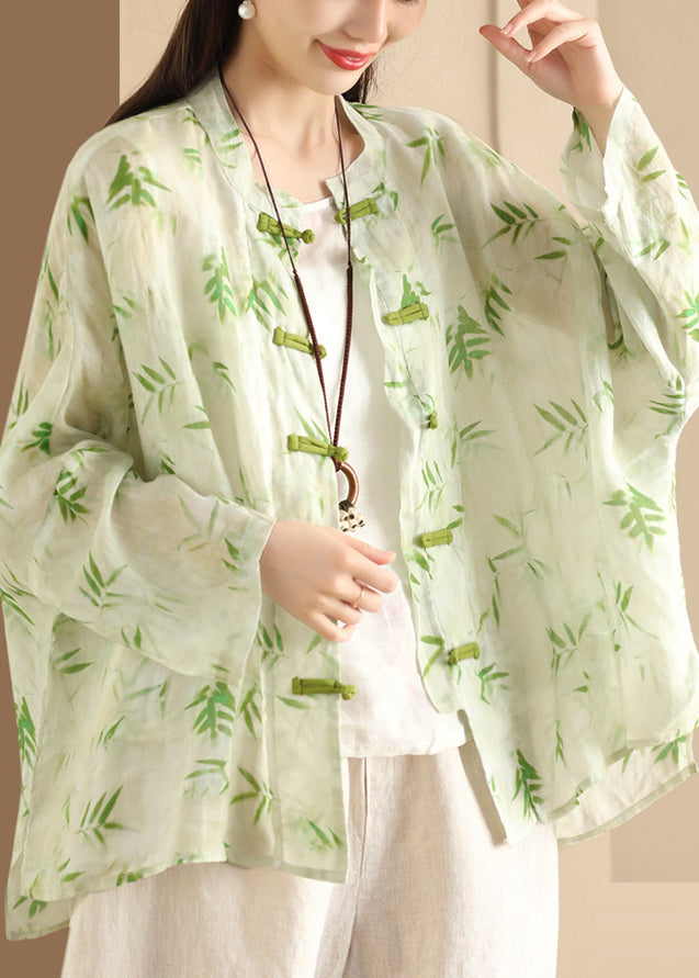 Button Chinese Oversized Blouses Summer Green Print Linen