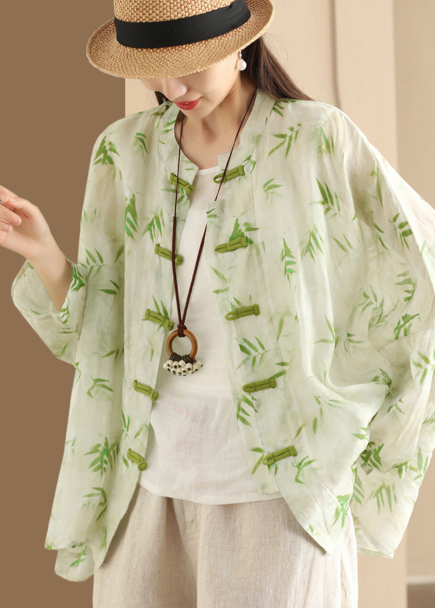 Button Chinese Oversized Blouses Summer Green Print Linen