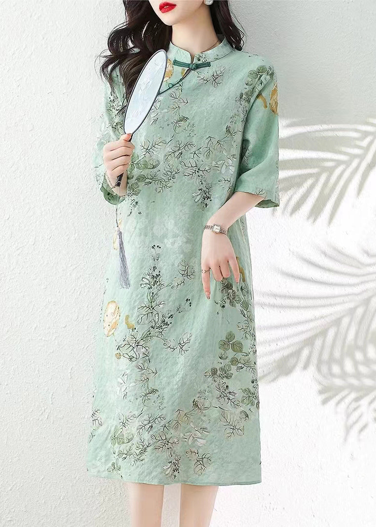 Robe en lin à imprimé vert et col montant pour l'été JH013