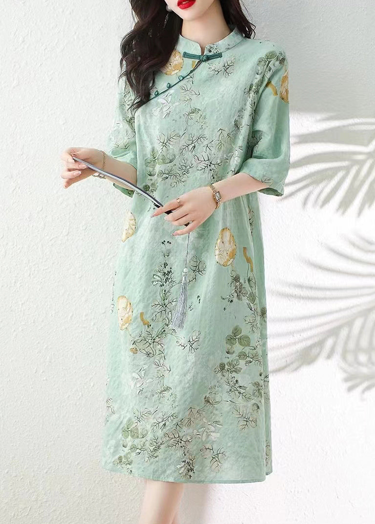 Robe en lin à imprimé vert et col montant pour l'été JH013