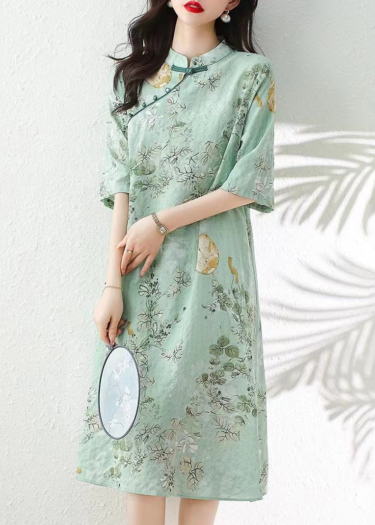 Robe en lin à imprimé vert et col montant pour l'été JH013