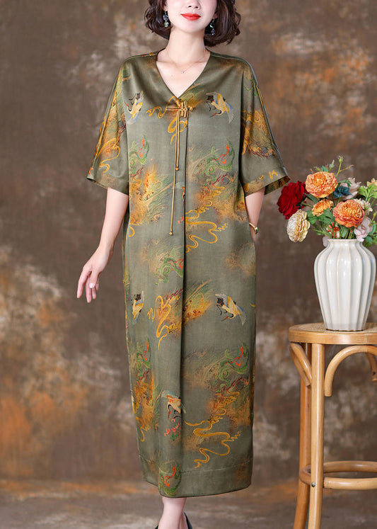 Green Print Pockets Silk Dresses V Neck Half Sleeve OP1071